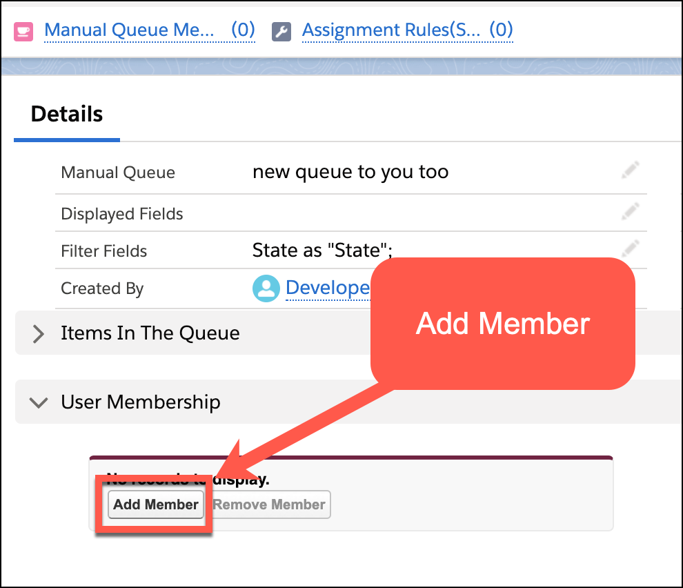workflow work item queue assignment rule Image showing the Add Member button.