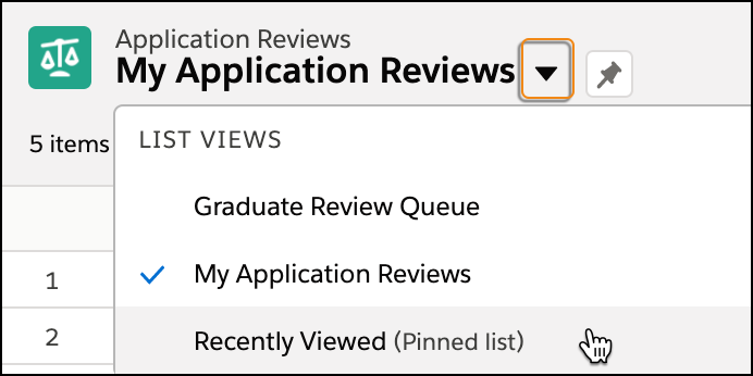 List view dropdown expanded to show the My Application Review option selected