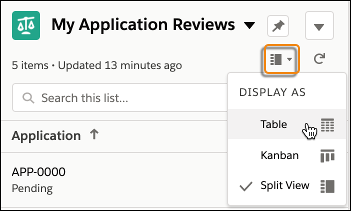 Split view settings with the Display As options expanded to show the Table option selected