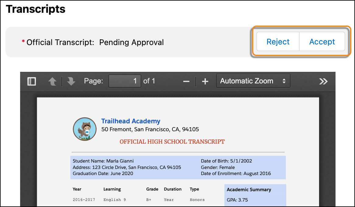 Official Transcript requirement with Reject and Accept buttons