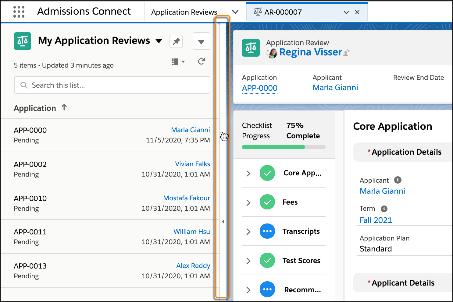 Application Review page with split view expanded and a callout on the button that closes and opens split view