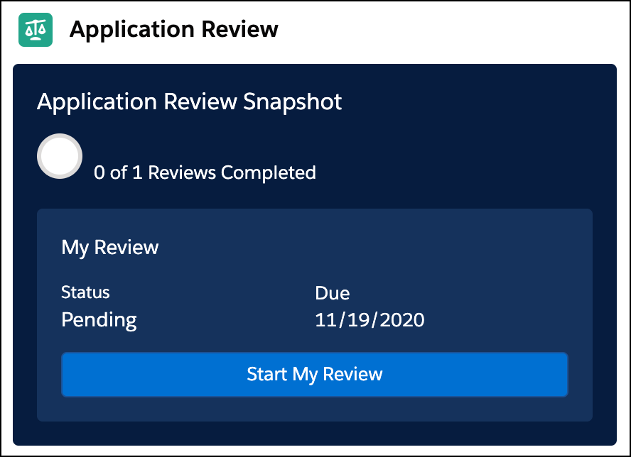 Reviewer Snapshot component showing the Start My Review button