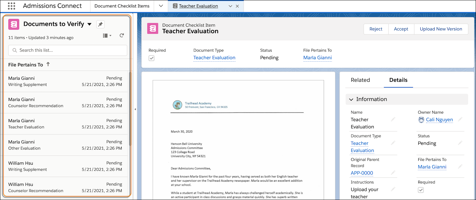 Admissions Connect app showing split view for Document Checklist Items open while also viewing a Document Checklist Item record page.