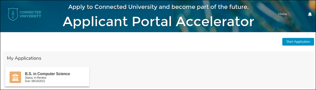 The Home page of the Applicant Portal Template shows submitted applications.