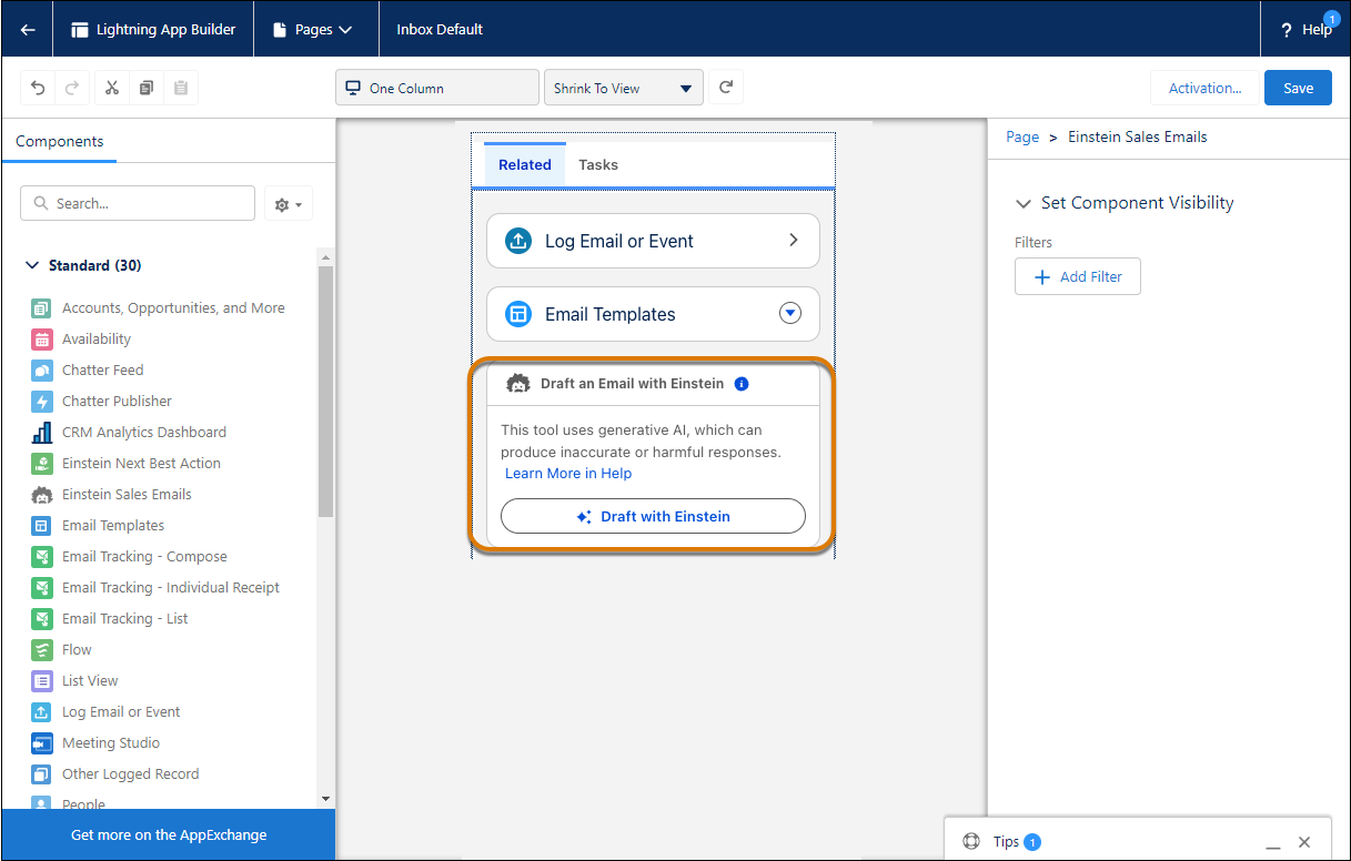 Компонент Einstein Sales Emails в конструкторе приложений.