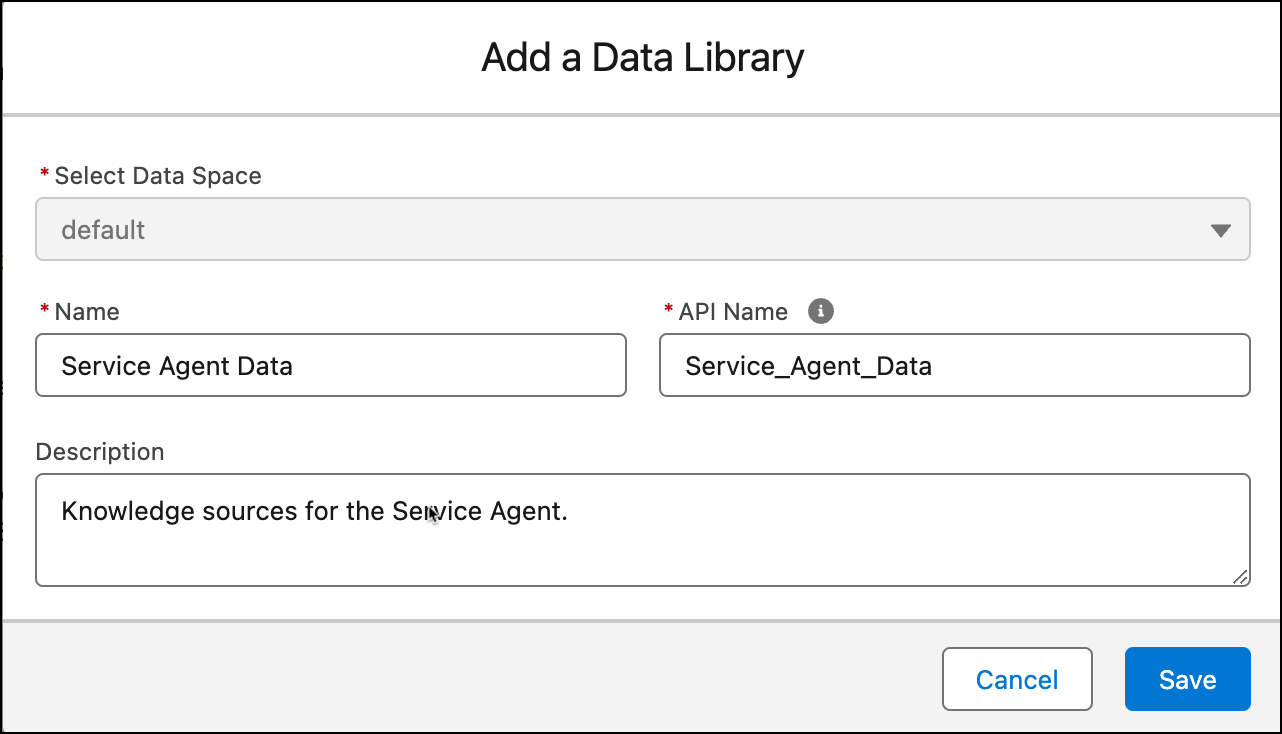 Neue Datenbibliothek, wobei Datenbereich, Name, API-Name und Beschreibung jeweils ausgefüllt sind.