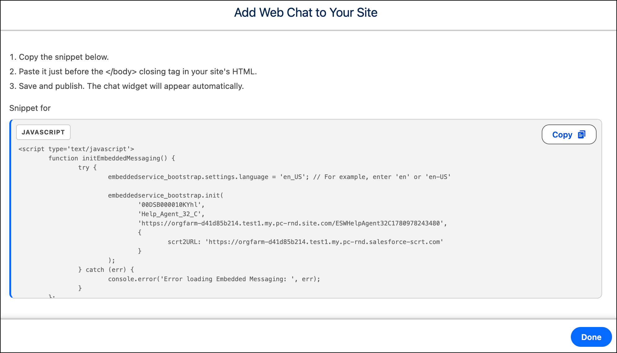 Seite, auf der Sie den JavaScript-Auszug kopieren können, um Ihrer Website Web-Chat hinzuzufügen