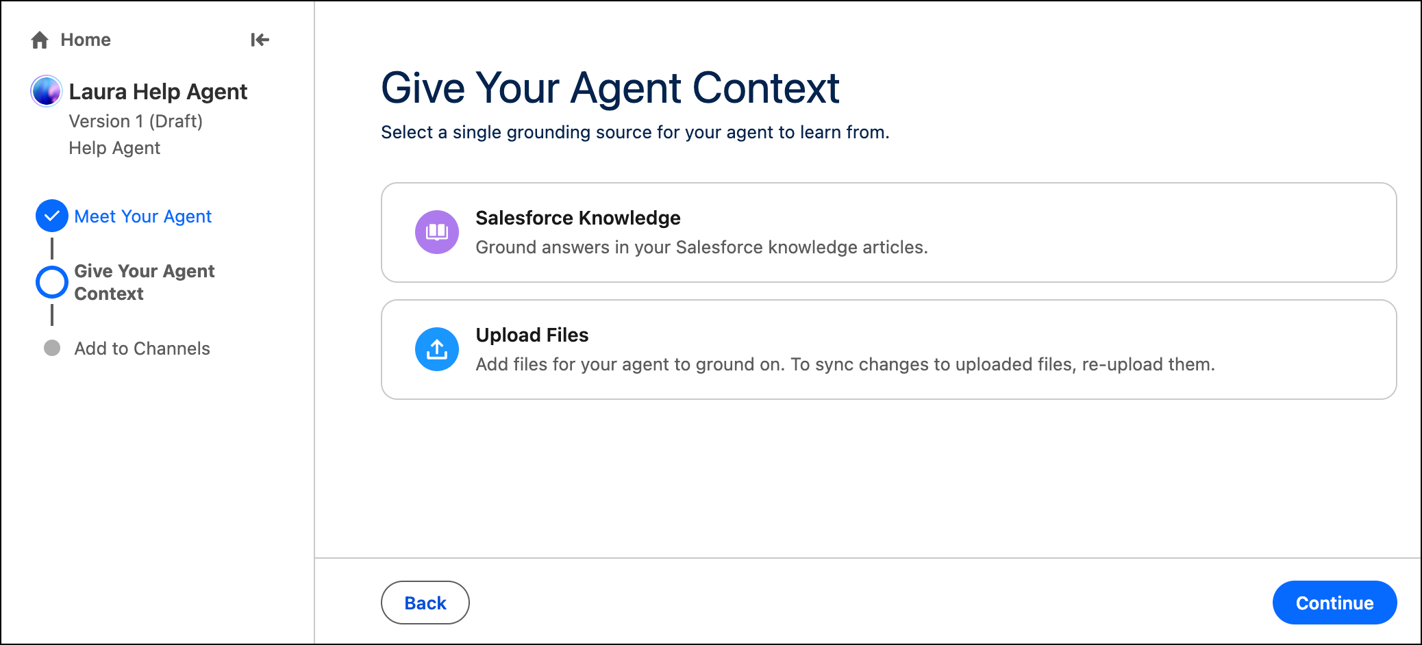 Bereitstellen der Kontextseite für Agenten zum Hochladen von Knowledge Source Content