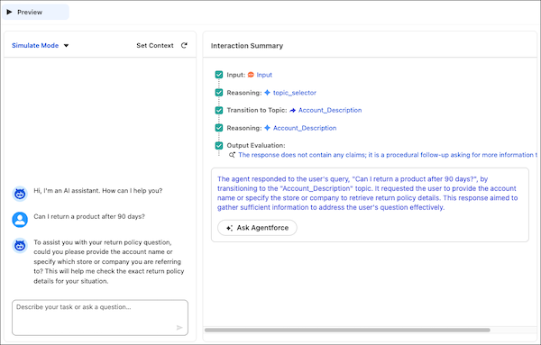 A split-page showing a chat simulation on the left and the Interaction Summary on the right that outlines the AI's step-by-step reasoning and subagent transitions.