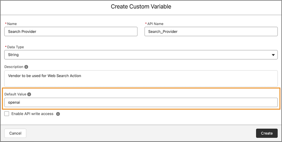 Edit Custom Variable dialog showing the Search Provider variable with Default Value field