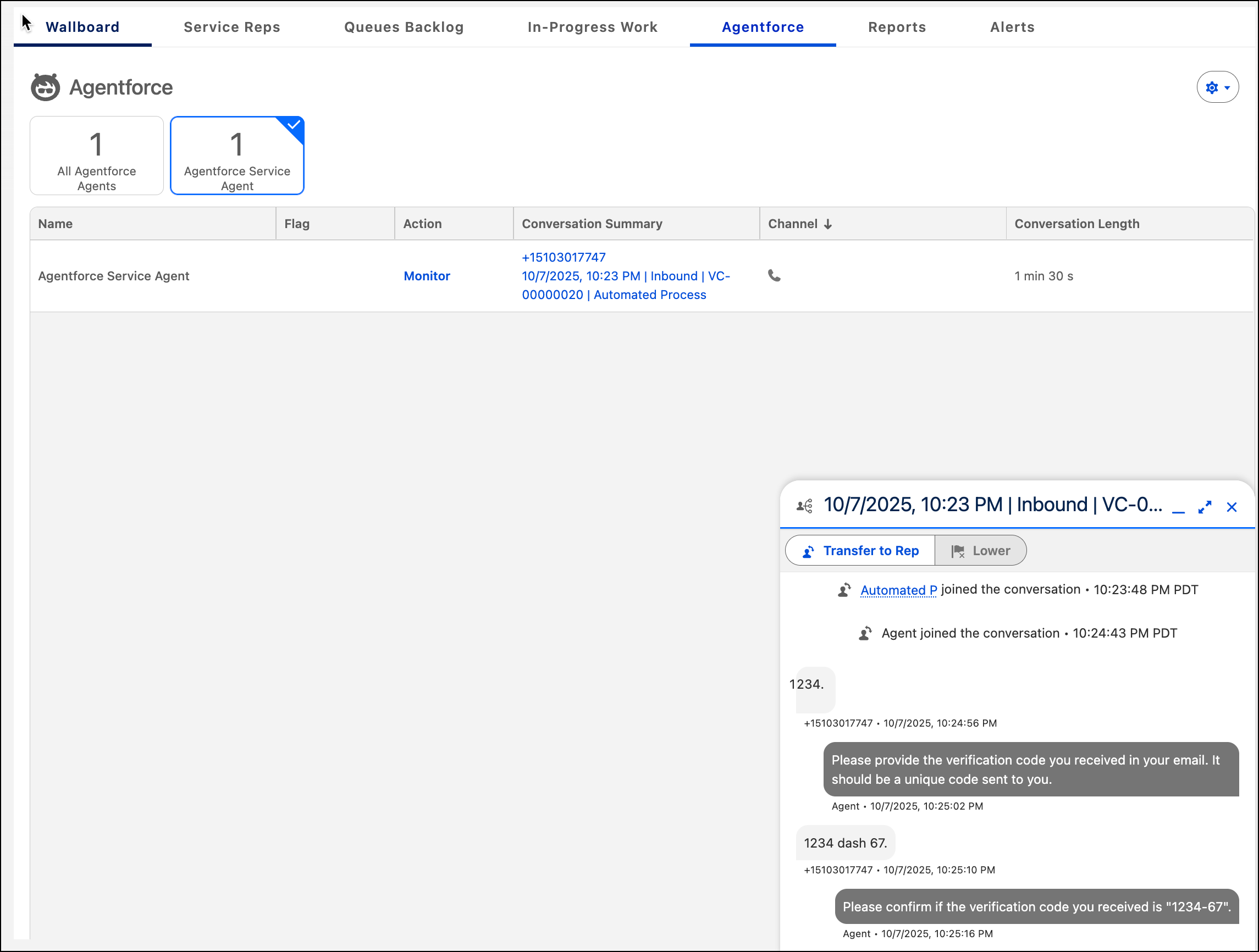 The Agentforce tab shows an agent on a call and the transcript