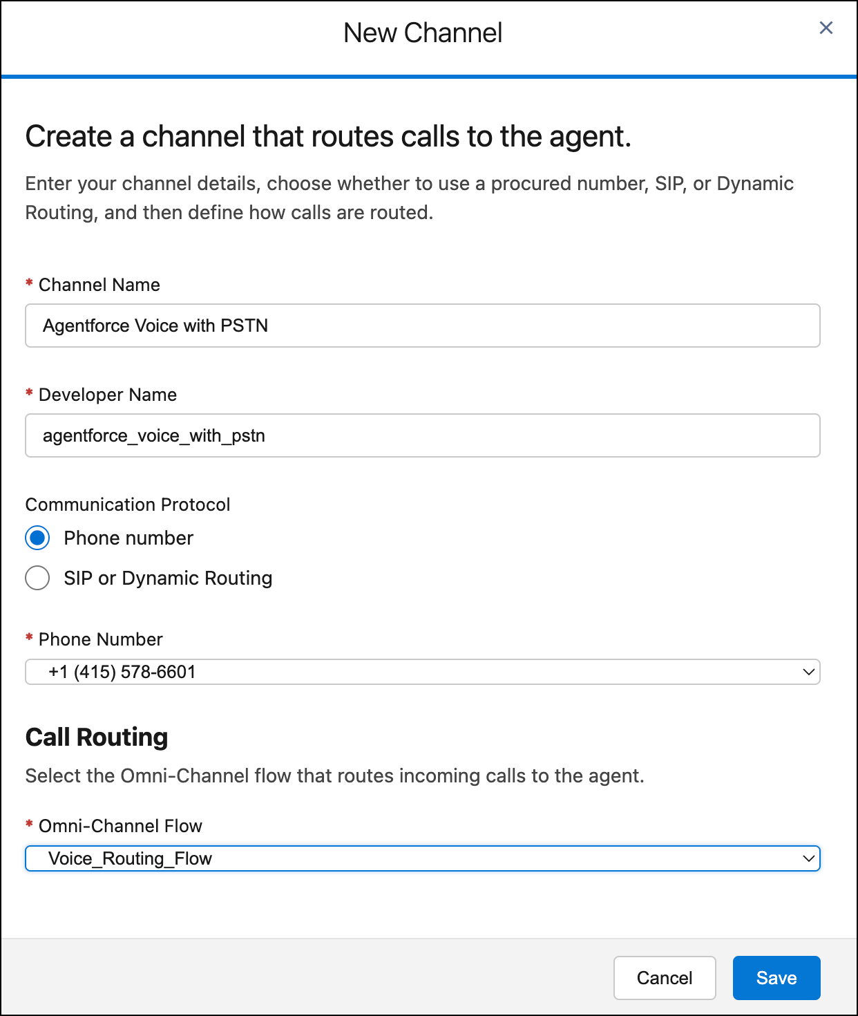 The New Channel page contains the channel settings.
