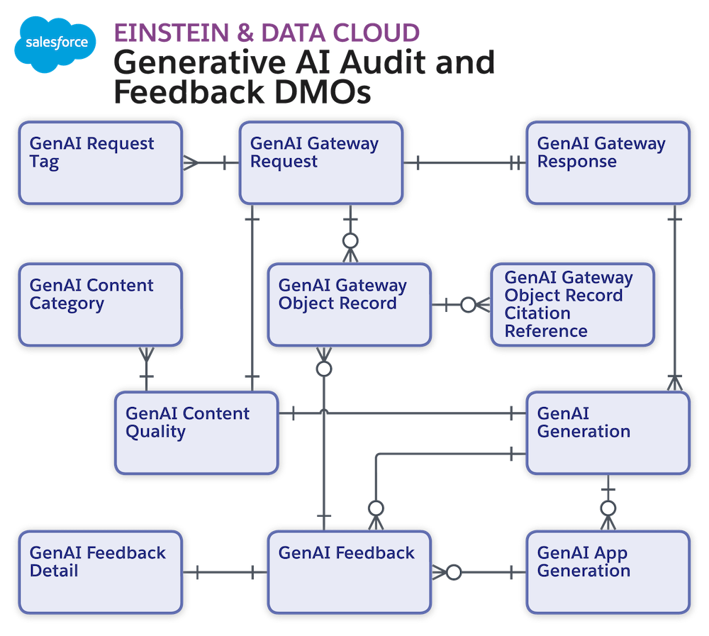 An entity relationship diagram showing the data model for generative AI audit and feedback.