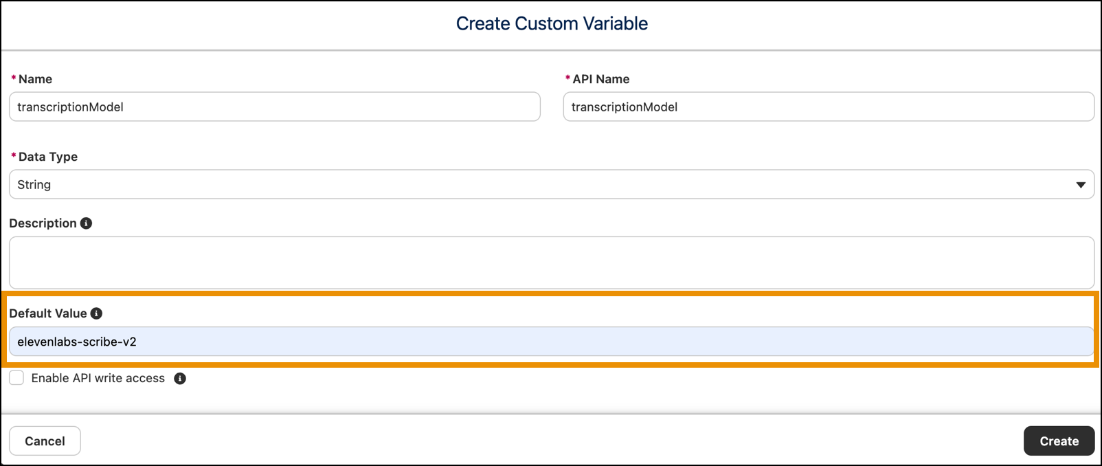 Create Custom Variable dialog with the Default Value field set to a transcription model