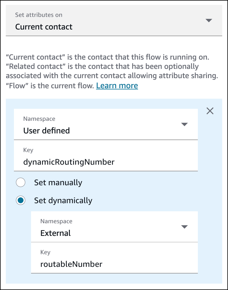 Amazon Connect Set Contact Attributes block storing the dynamic routing number