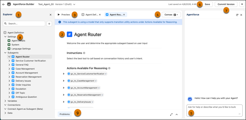 The new Agentforce Builder page with callouts for Explorer, Canvas, Preview, Canvas and Script toggle, Agentforce assistance, Save, Commit Version, Settings, and Console