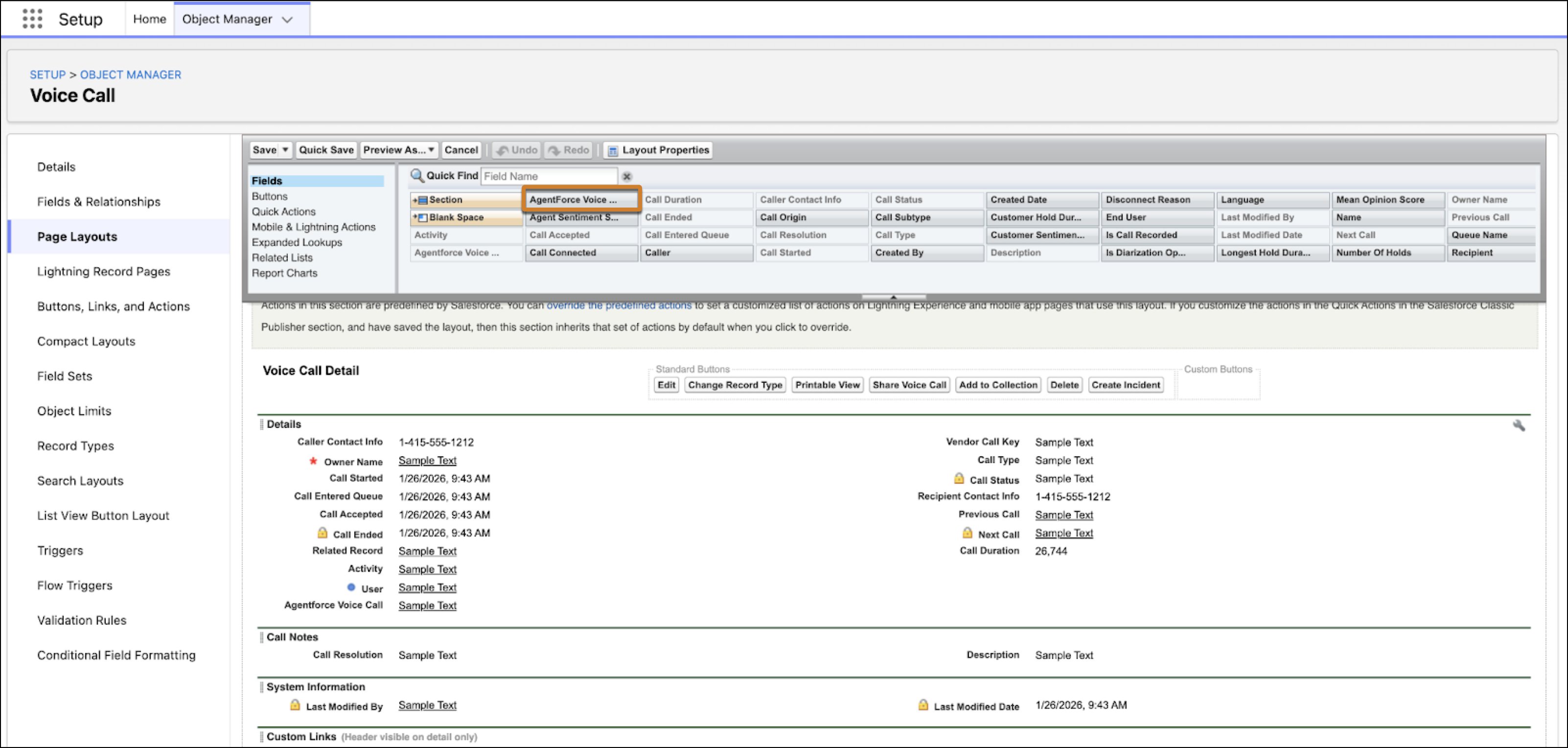 The highlighted Agentforce Voice Call custom lookup field can be added to the page layout.