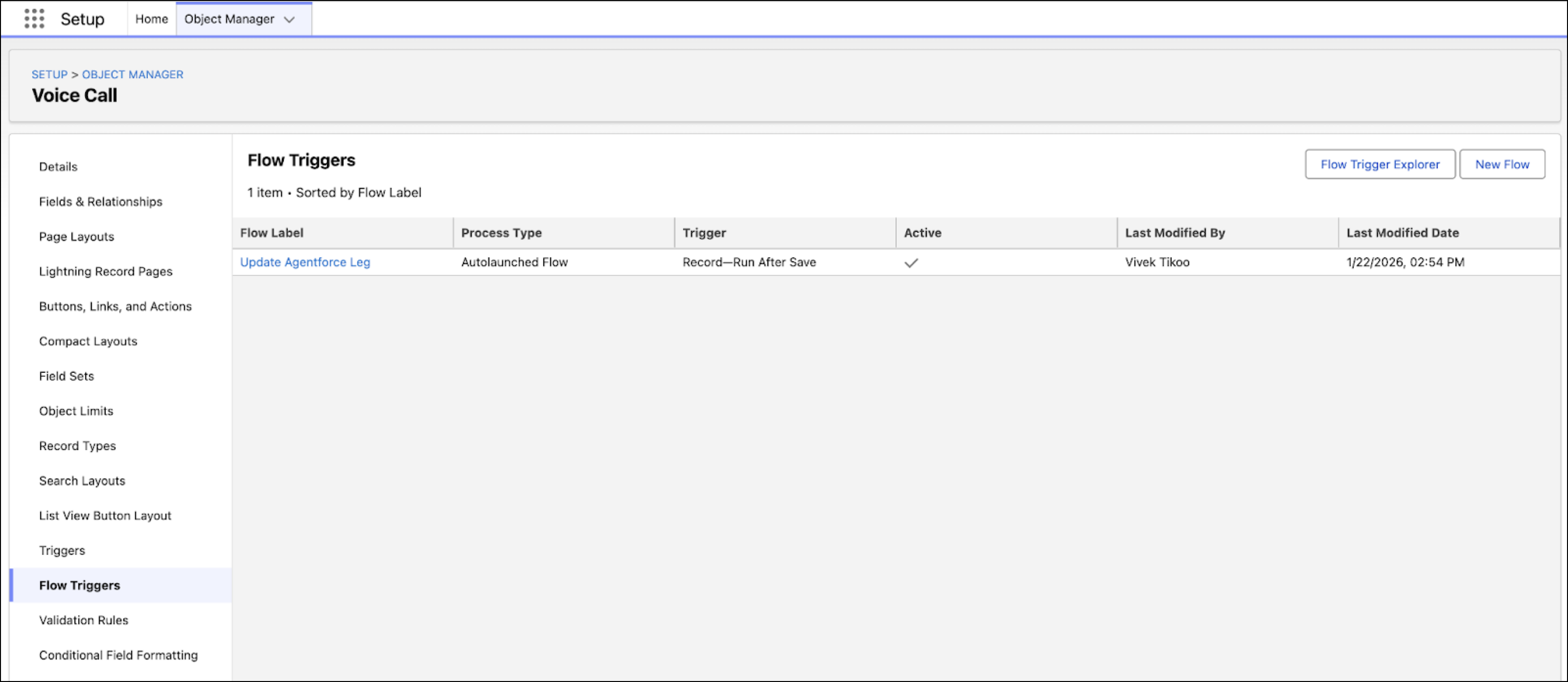 The Flow Triggers page for the Voice Call object