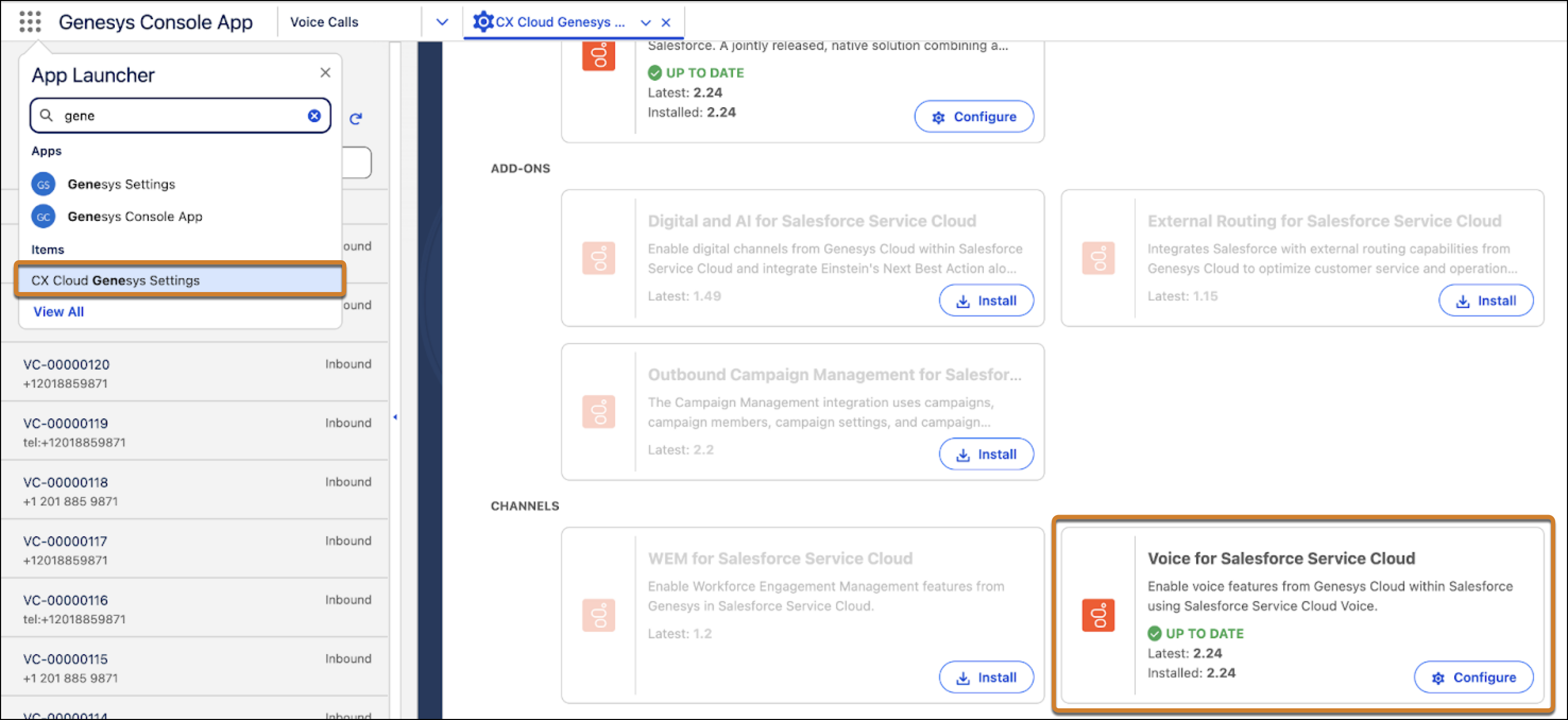 The Voice for Salesforce Service Cloud option in CX Cloud Genesys Settings