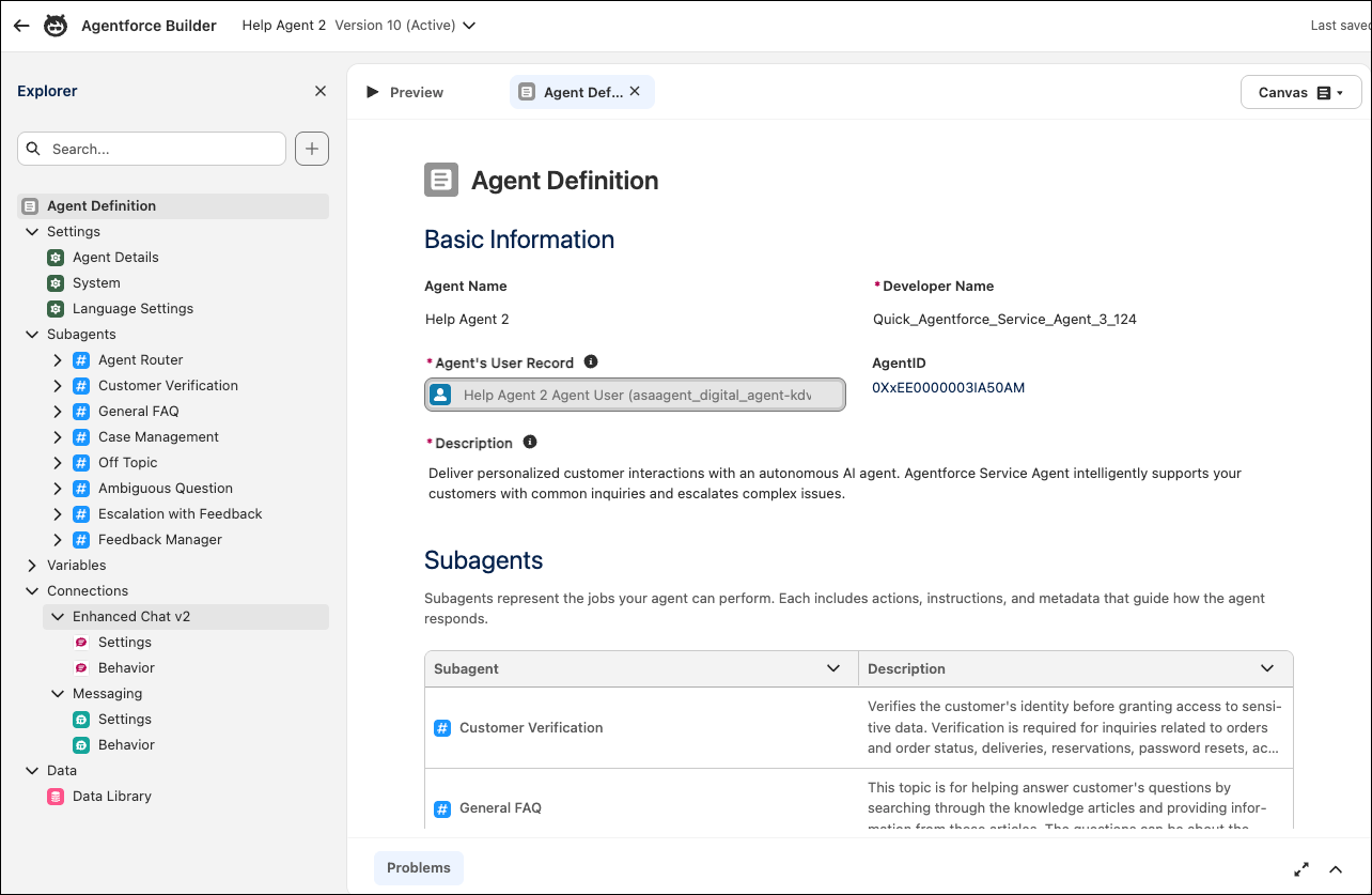 Agent Definition page in Agentforce Builder showing the Help Agent configuration with subagents, connections, and data library