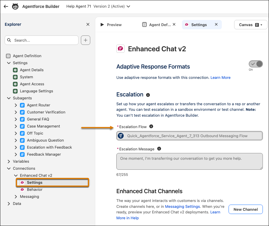 Agentforce Builder Enhanced Chat v2 Settings page showing the Escalation Flow field and Escalation Message field