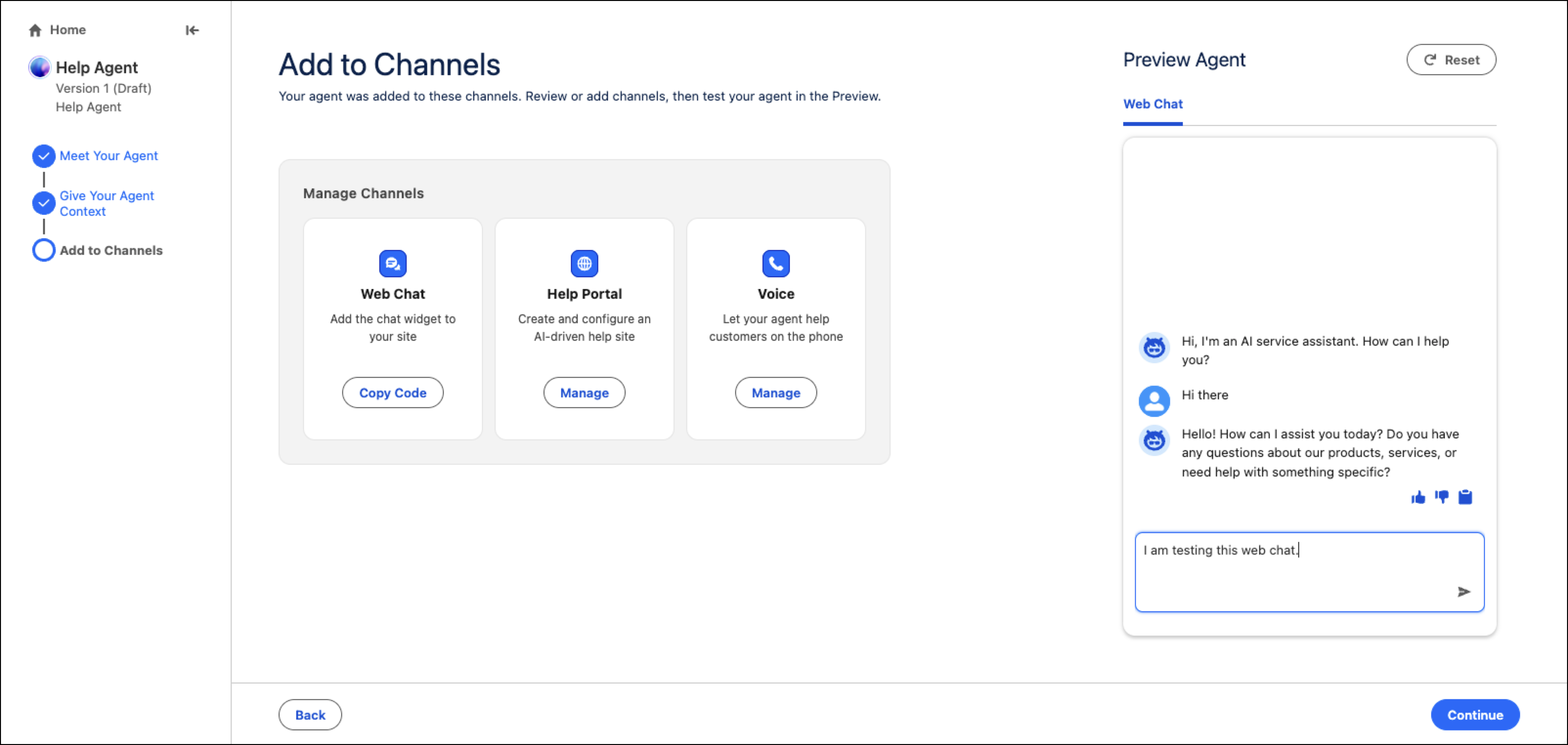 The Preview Agent pane of the Help Agent guided setup showing channels and a test conversation