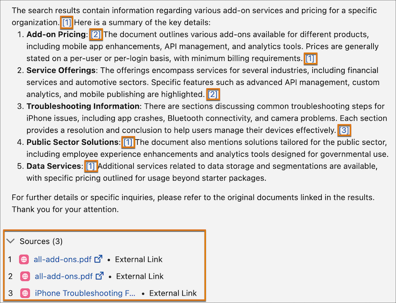 LLM response with inline citations and a list of sources at the end of the response.