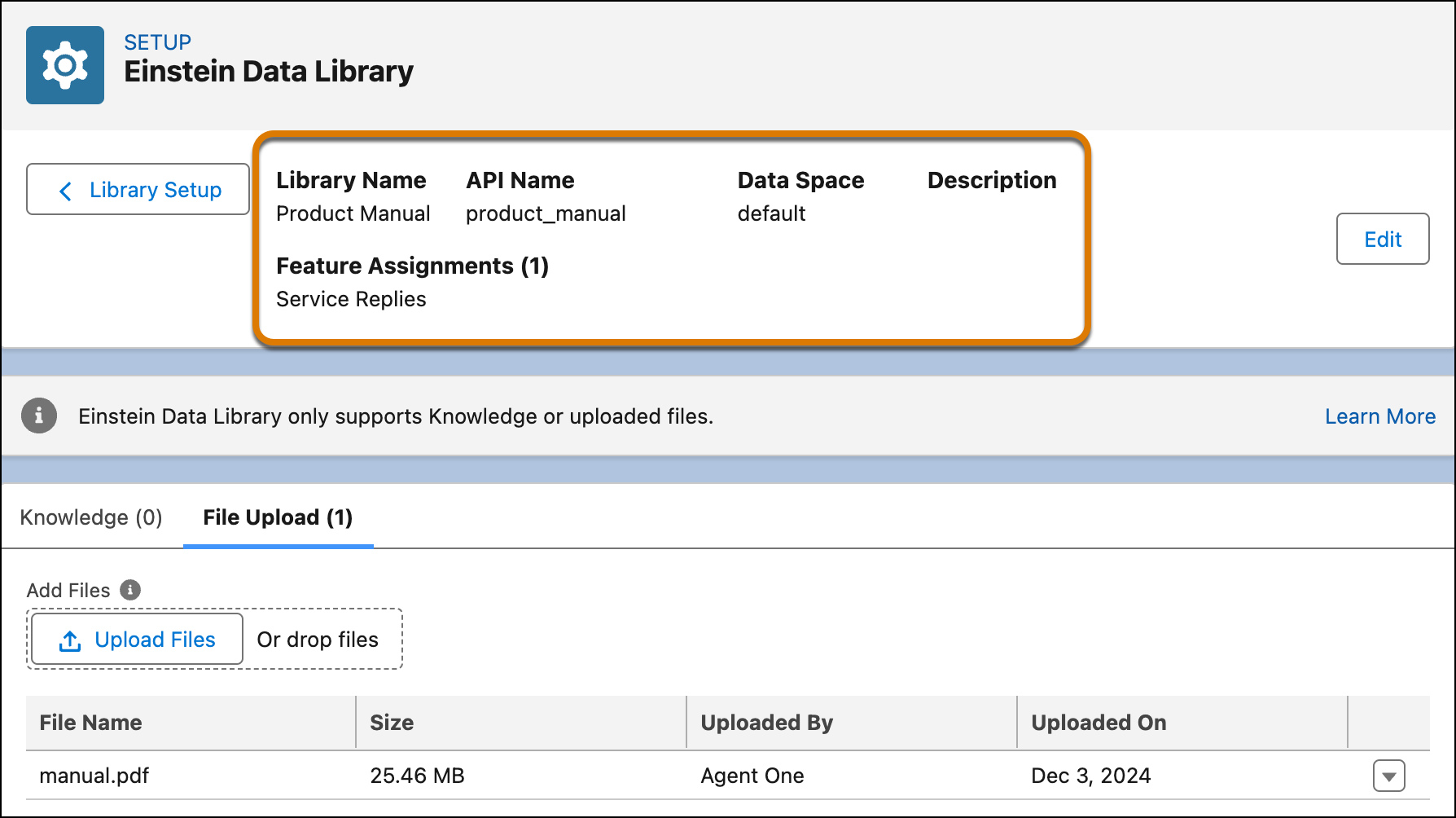 Agentforce Data Library Setup showing the library name, API name, data space, and feature assignments for a library.