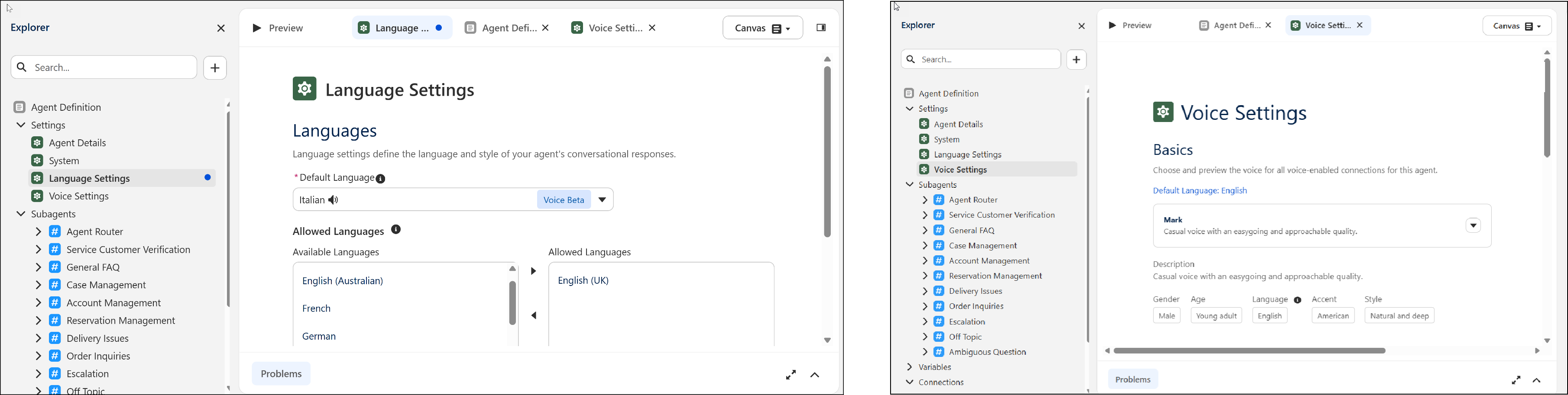 Two screenshots: one showing the language settings page and the other showing the voice settings page.