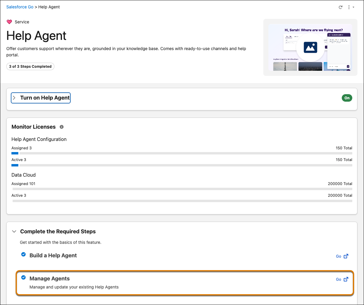 Help Agent Salesforce Go page showing the Build a Help Agent and Manage Agents sections with Go buttons