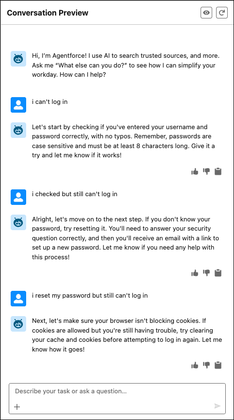 A conversation between a user and an agent about troubleshooting login issues in the preview conversation panel in Agentforce Builder
