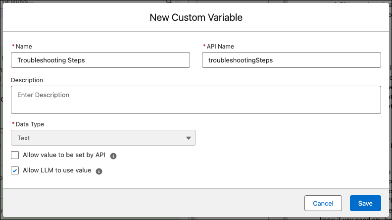 The New Custom Variable modal with the name set to Troubleshooting Steps