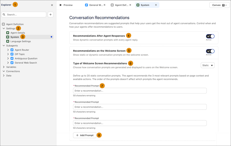 Recomendaciones de conversaciones activadas en vista de lienzo Agentforce Builder