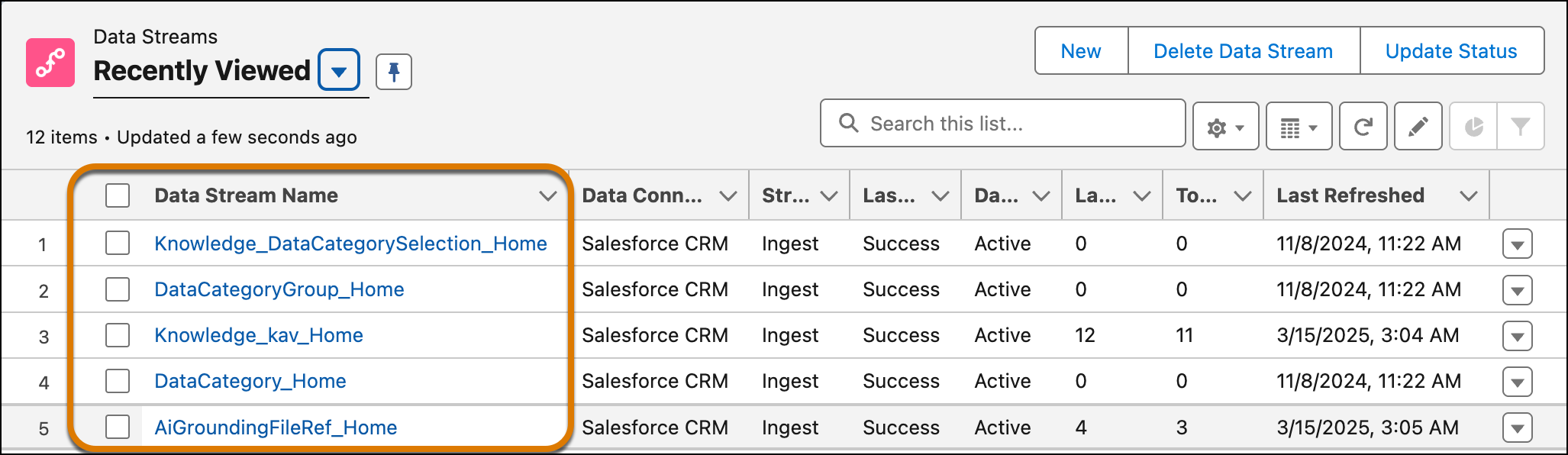 Configuración de Transmisiones de datos en Data Cloud con las 5 transmisiones de datos pertinentes resaltadas.