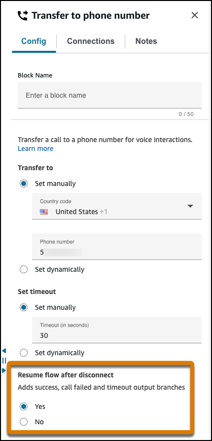 La configuración muestra que el flujo se reanudará después de desconectar la llamada.