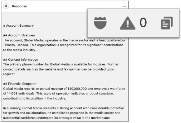 Captura de pantalla de la Sección de respuesta mostrando la respuesta del LLM seleccionado con los datos confidenciales restaurados. Una vista ampliada de los iconos mostrados en la sección de respuesta.