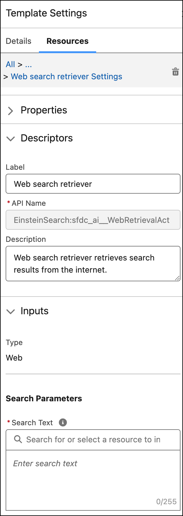 Configuración del recuperador web, incluyendo el campo Buscar texto.