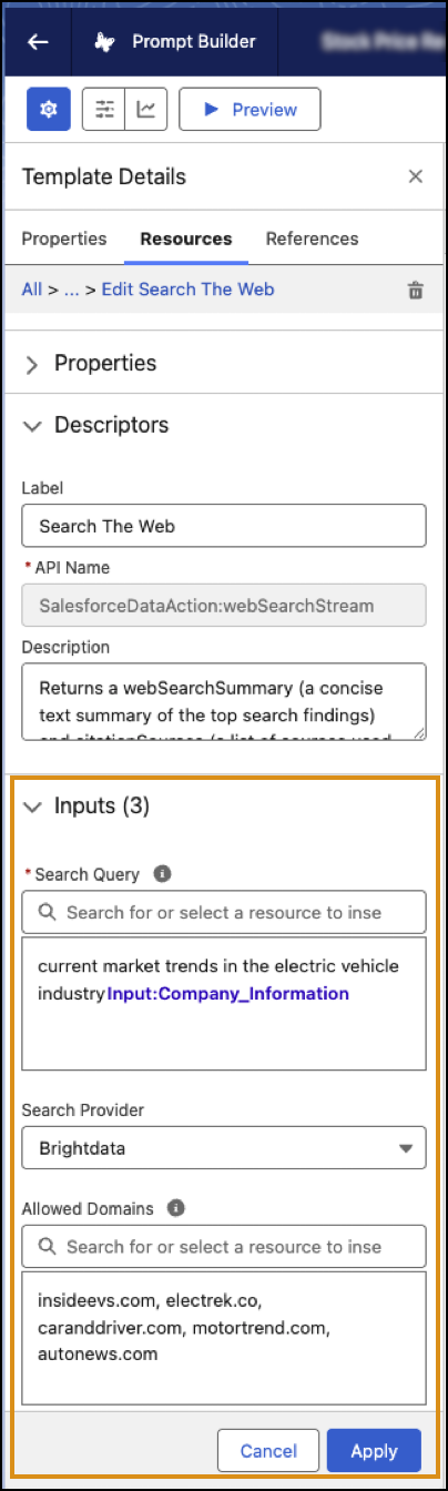 Riquadro Web che mostra i tre input: Query di ricerca, provider di ricerca e domini consentiti