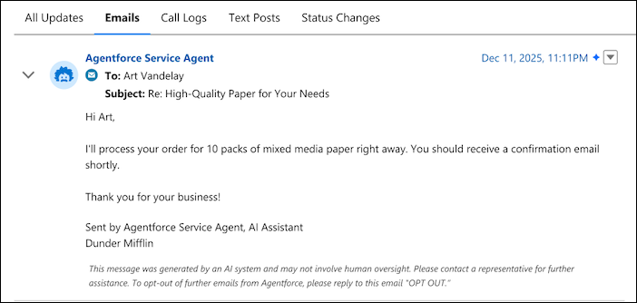 Agentforce サービスエージェントが送信する電子メール。