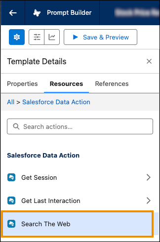 Salesforce 데이터 작업이 확장되고 웹 검색이 선택된 템플릿 세부 사항의 리소스 탭