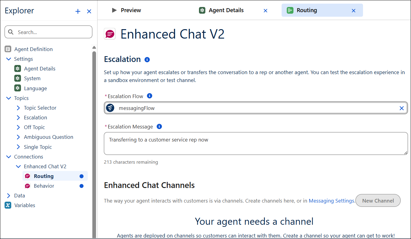 Rutingsfane for Forbedret Chat v2-tilkobling