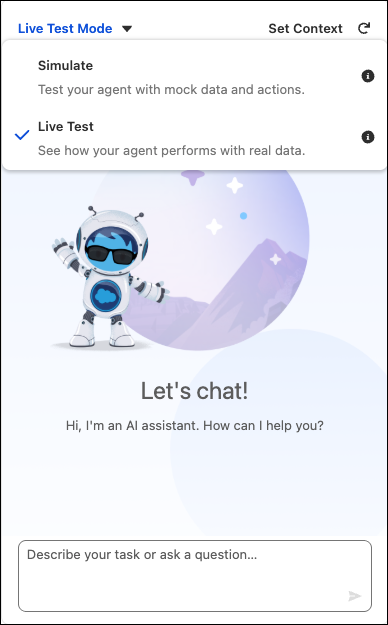 Het testdeelvenster met een vervolgkeuzelijst open om opties voor de modi Simuleren of Live testen te tonen.