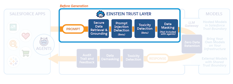 Einstein Trust Layer-stroomdiagram met alleen de journey van de aanwijzing gemarkeerd