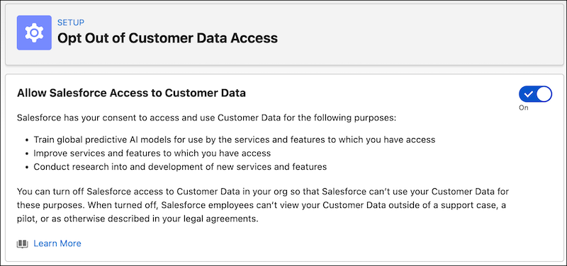 Em Configuração, ative ou desative o Compartilhamento de dados do cliente com o Salesforce