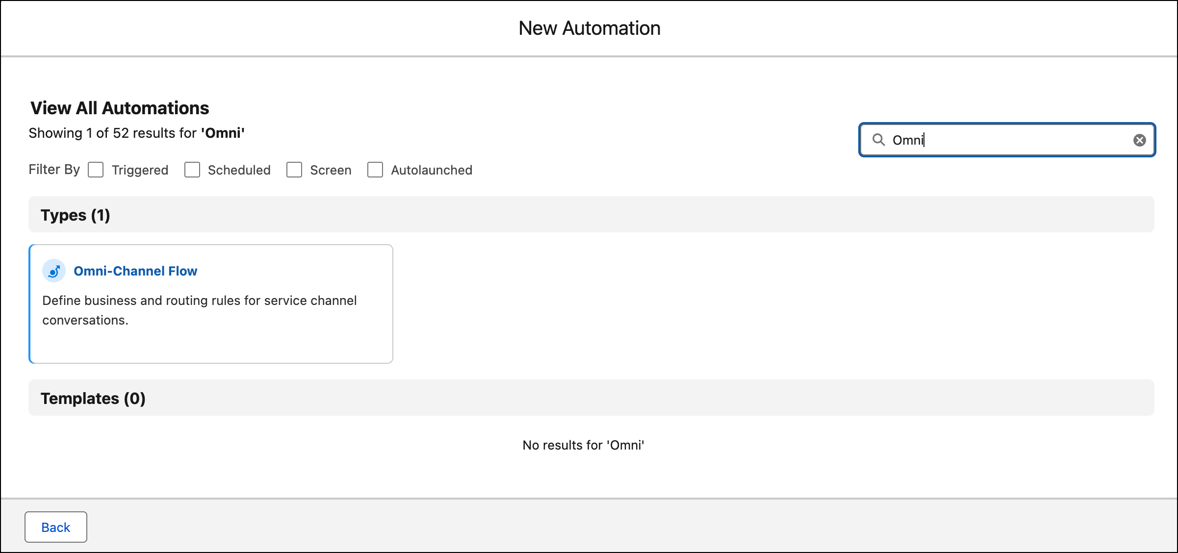 「新增自動化」頁面顯示「Omni-Channel 流程」類型。