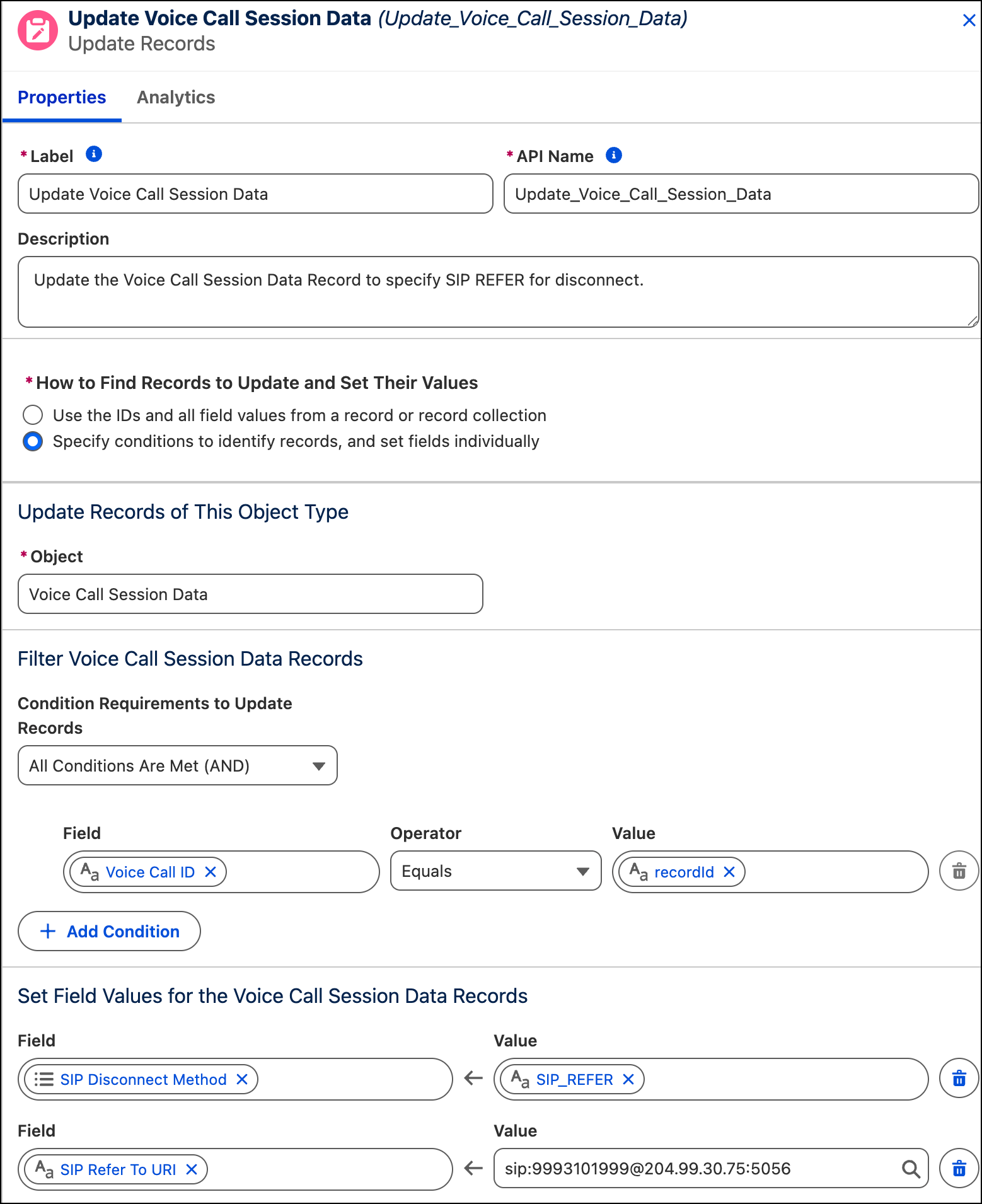 Update Records element in Flow Builder showing Voice Call Session Data fields, including SIP Disconnect Method set to SIP_REFER, SIP Refer to URI, SIP Referred By Info, and a custom X-Account-ID field.