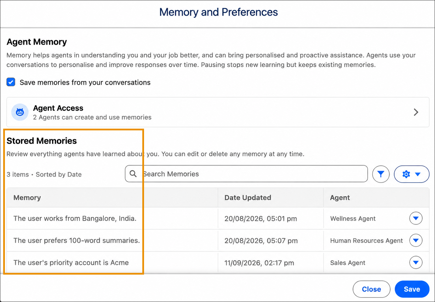 Memory and Preferences panel with the Stored Memories list highlighted.