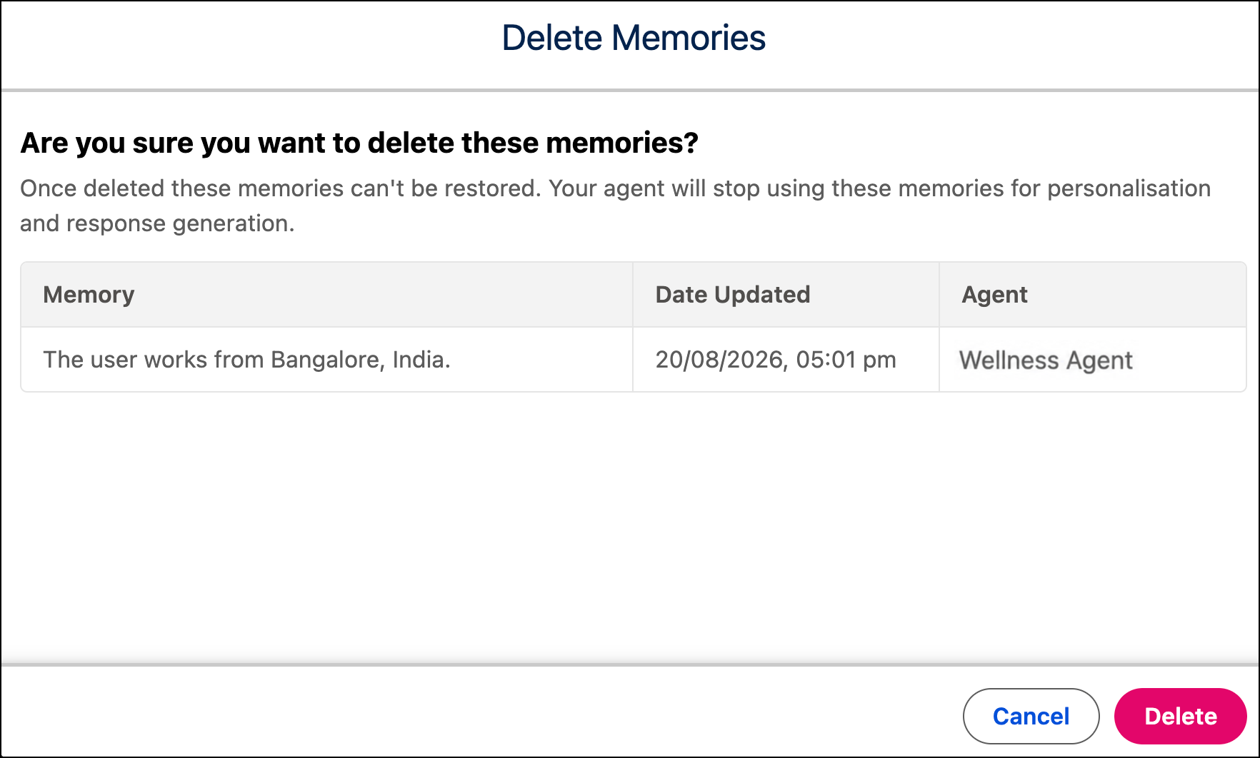 Delete Memories confirmation dialog showing the memory to be deleted.