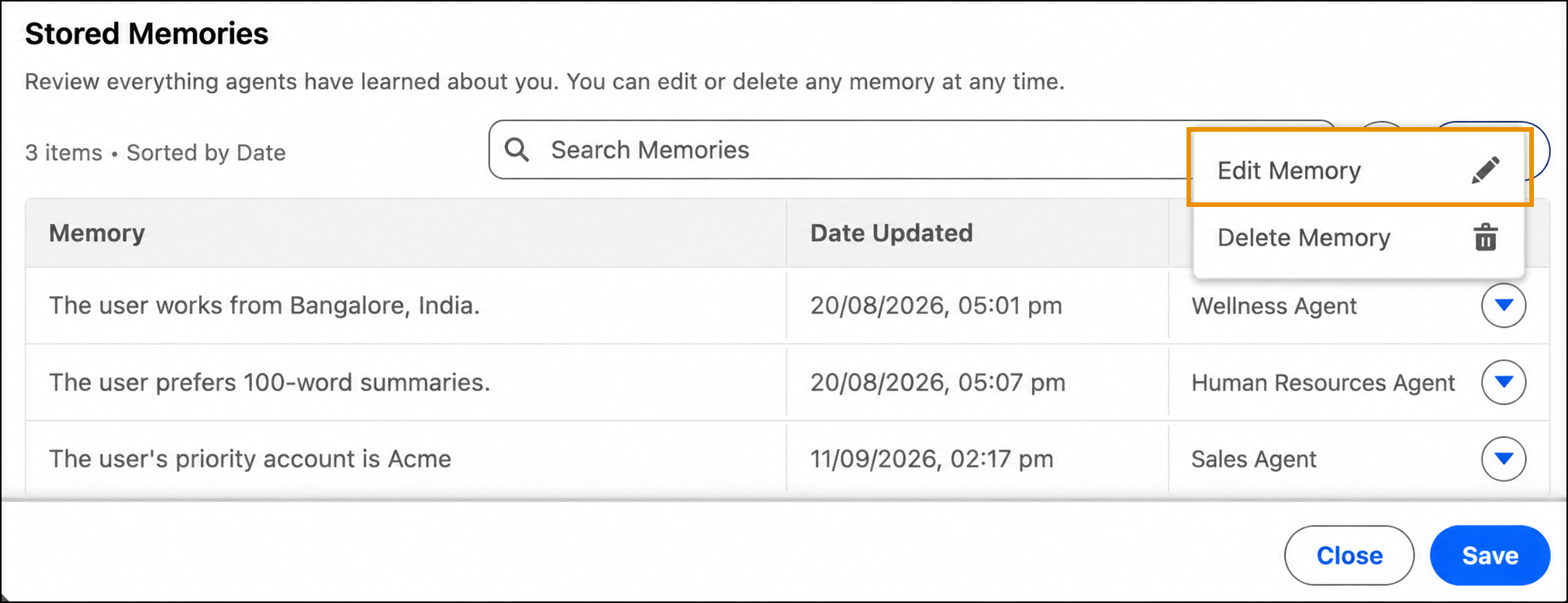 Stored Memories dropdown menu with Edit Memory highlighted.
