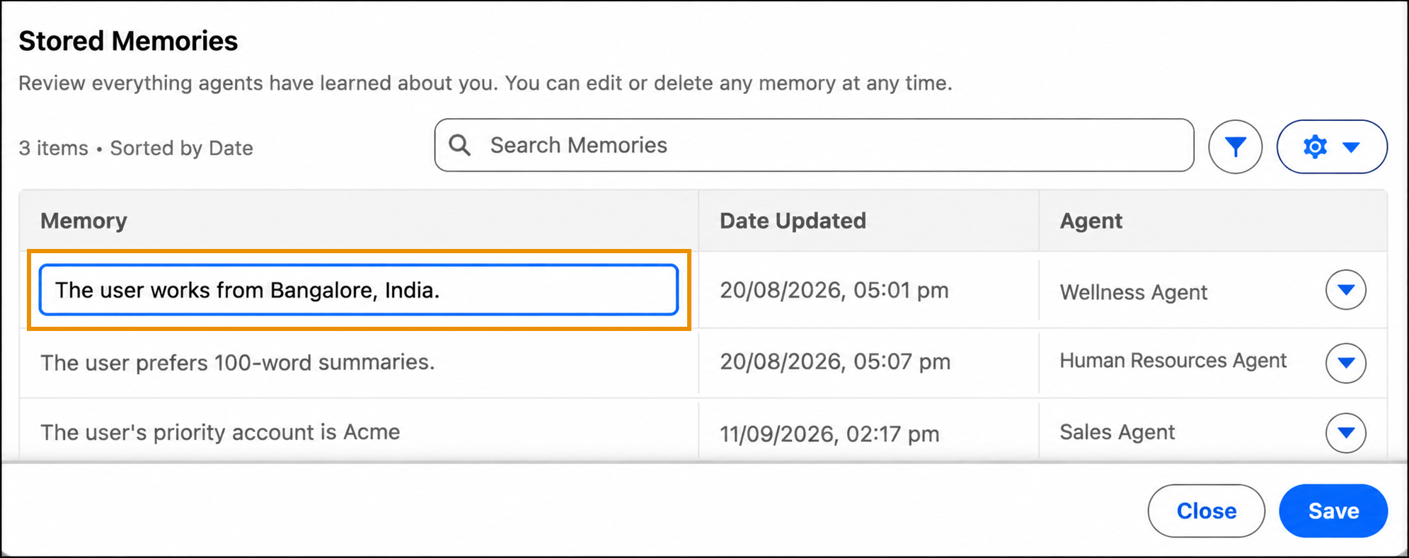 Stored Memories list with the memory text field highlighted for editing.
